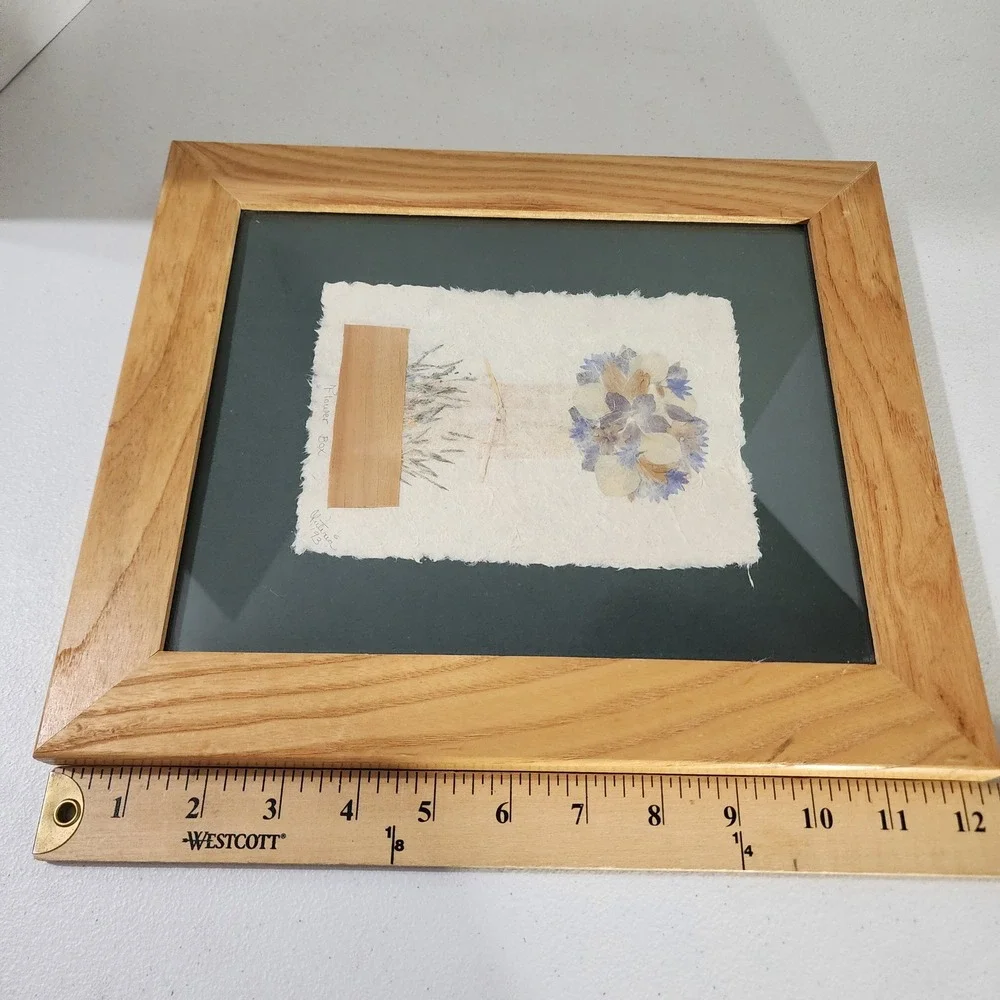 Vintage 1993 Madagascar Pressed Flower Art Handmade Paper Oak Frame Flower Box
